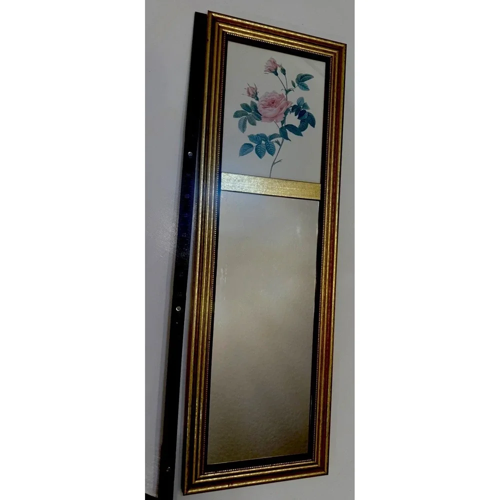 Vintage Pink Rose Print Pier Mirror Gold Gilt Frame Floral Wall Hanging 23.5
